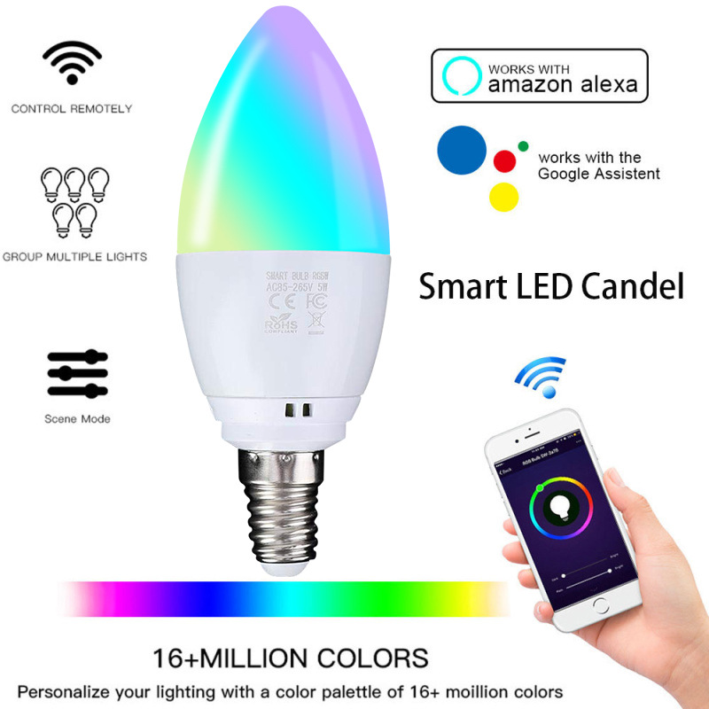 5W E14 RGBW Voice Smart WiFi LED Candle Light Bulb, With Alexa & Google Assitant, AC85-265V, Multi-Color, APP Long-distance Remote Control LED Light Bulb 5W E27 6500K RGBW Voice