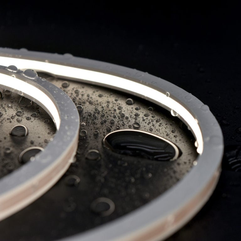 Silicone LED neon diffuser with water droplets showing its waterproof finish