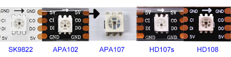sk9822 vs apa102 vs apa107 vs hd107s vs hd108 led