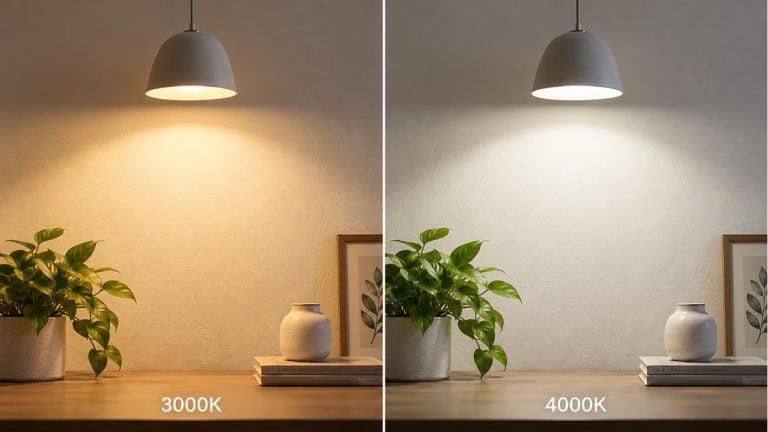 Side-by-side pendant lighting examples comparing 3000K warm white and 4000K neutral white.