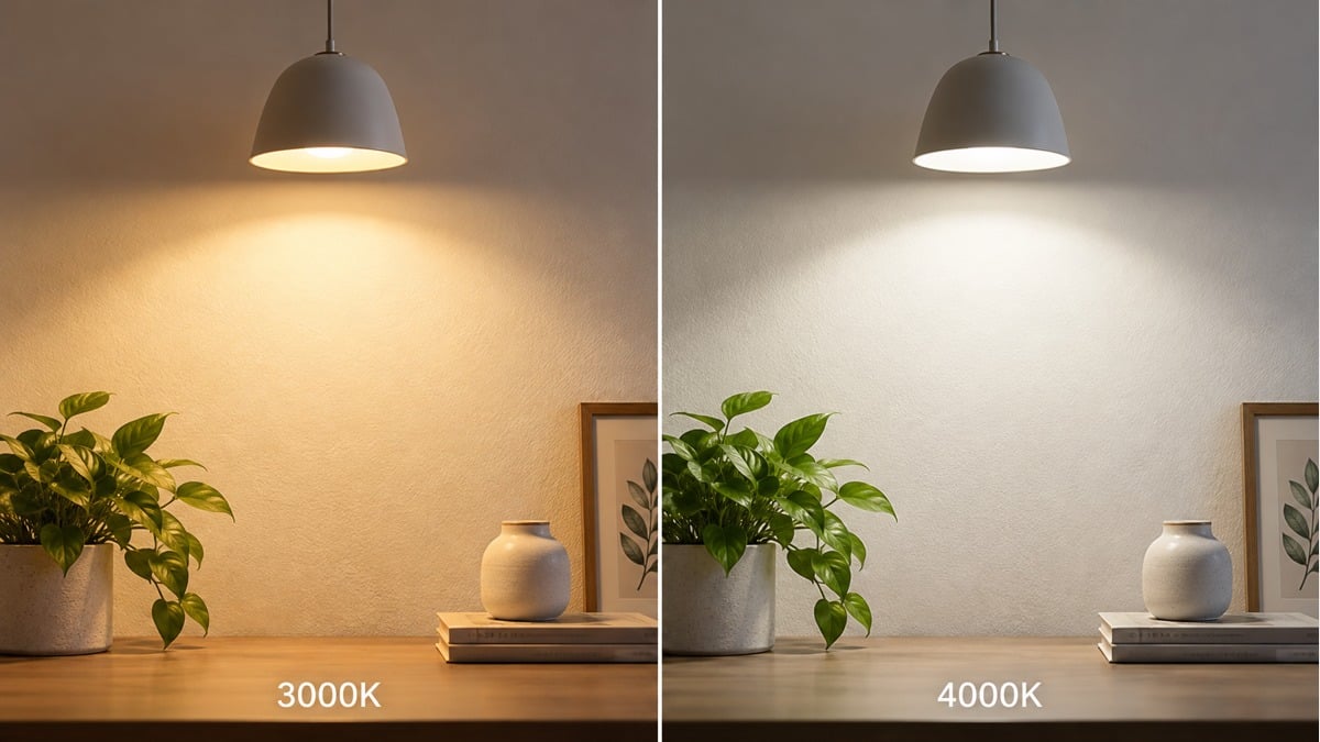 Side-by-side pendant lighting examples comparing 3000K warm white and 4000K neutral white.