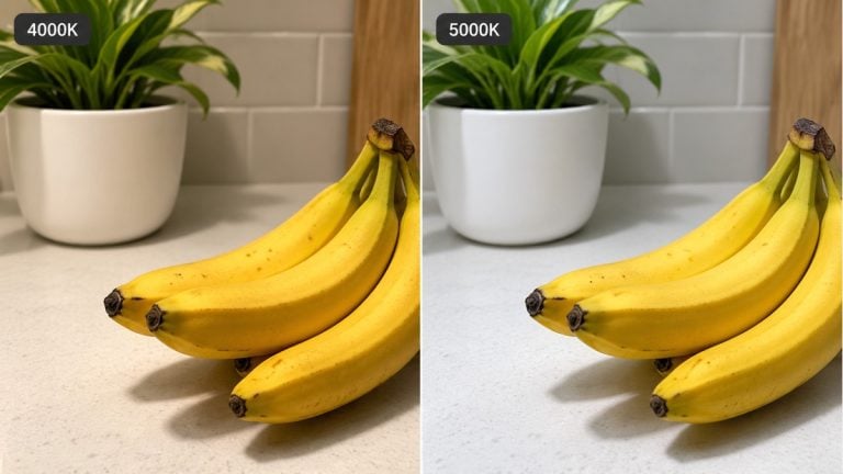 Bananas and a potted plant shown under 4000K and 5000K lighting in two matched views.