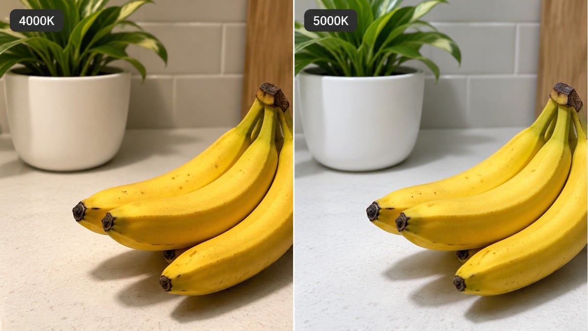 Bananas and a potted plant shown under 4000K and 5000K lighting in two matched views.