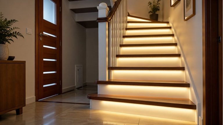 Warm LED lighting beneath wooden stair treads in a home entrance.