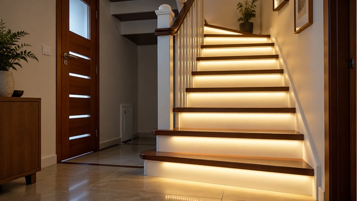 Warm LED lighting beneath wooden stair treads in a home entrance.
