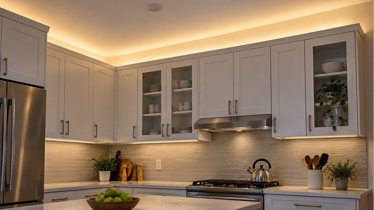 Continuous warm LED uplighting above kitchen wall cabinets with concealed under-cabinet task lights.
