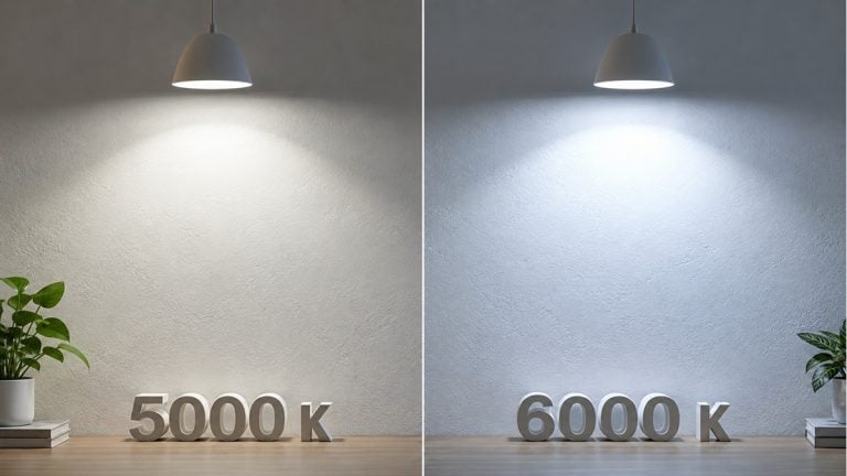 Side-by-side pendant lighting examples illustrating 5000K and 6000K white light on a textured wall.