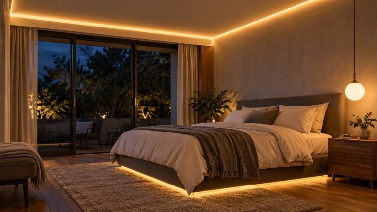Warm concealed LED lighting around a bedroom ceiling and beneath the bed.