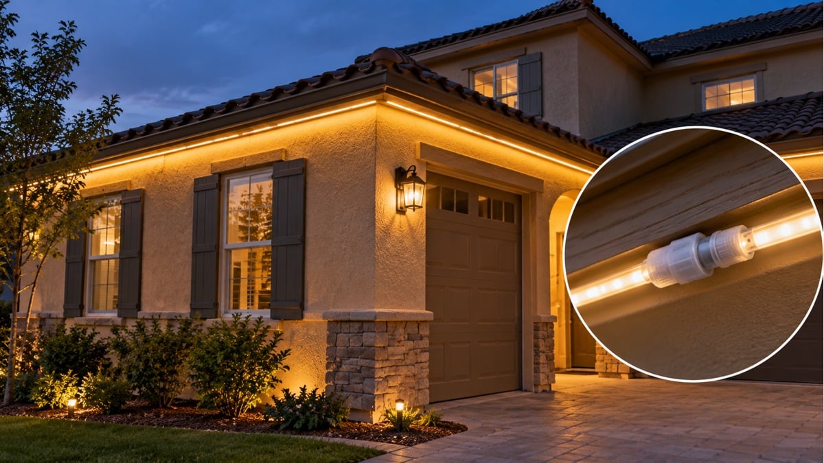 Warm LED roofline lighting on a house with an inset view of a protected connector.