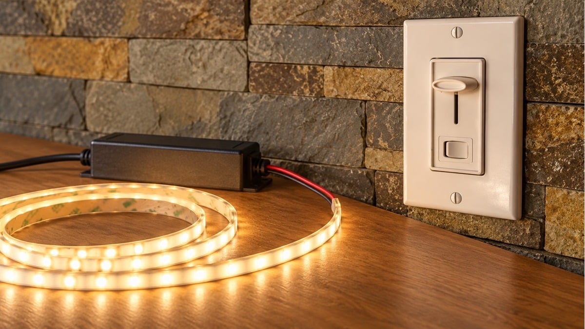 Wall dimmer, enclosed LED driver and warm-white LED tape arranged on a workbench.