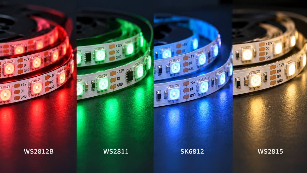Four labeled LED tape examples for WS2812B, WS2811, SK6812 and WS2815 comparison.