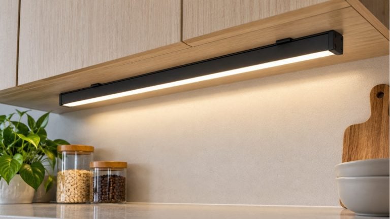 Black aluminum LED diffuser channel providing continuous warm under-cabinet lighting.
