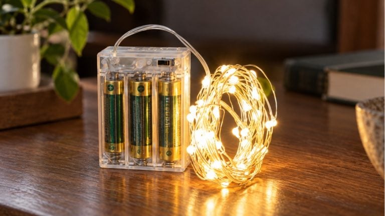 Battery-operated string lights coiled beside a transparent battery holder on a wooden table.