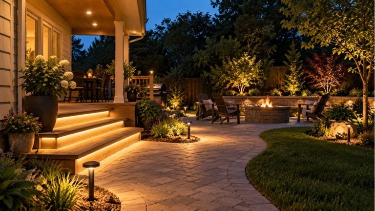 Backyard patio with warm step, path and garden lighting at dusk.
