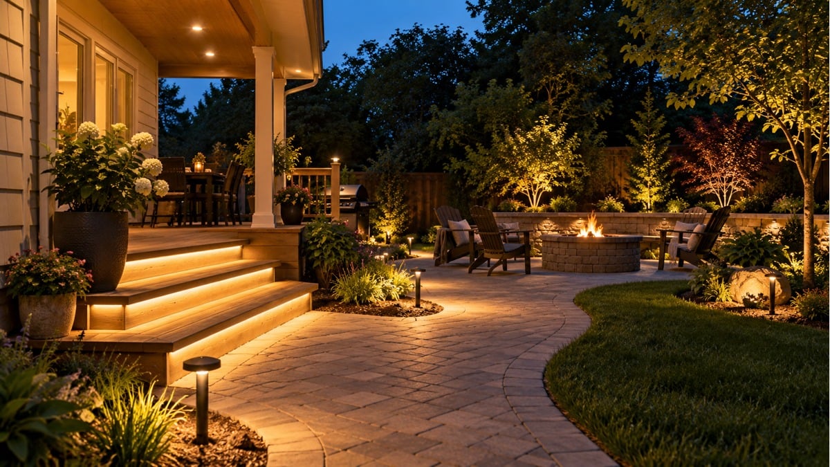 Backyard patio with warm step, path and garden lighting at dusk.
