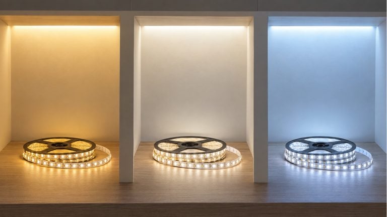 Three LED lighting examples illustrating warm white, daylight white and cool white.