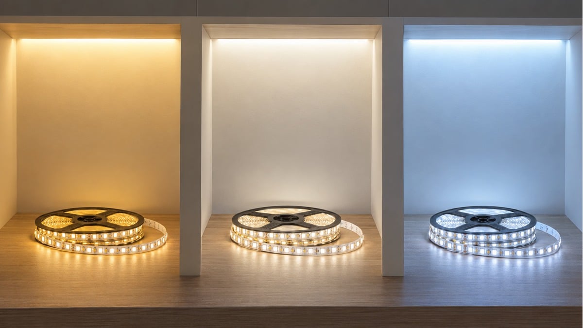 Three LED lighting examples illustrating warm white, daylight white and cool white.