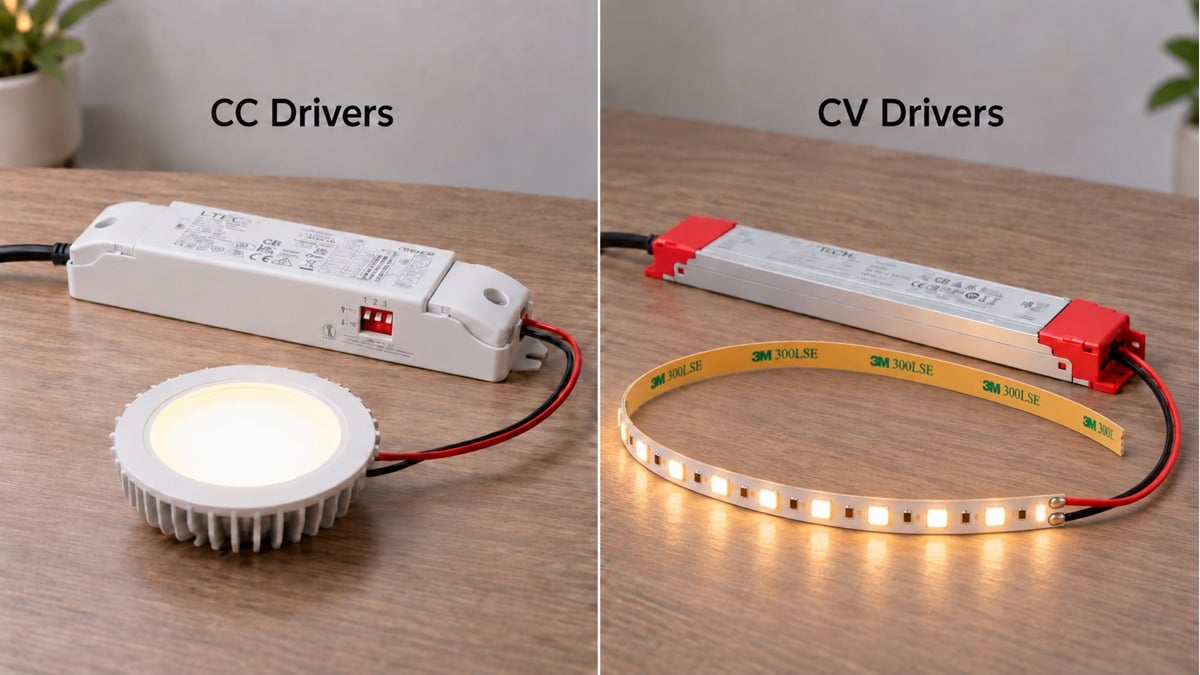Constant-current downlight driver compared with a constant-voltage LED tape setup showing yellow adhesive backing.