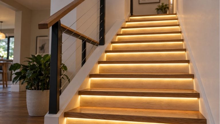 A wooden staircase with warm linear LED lighting beneath each tread.