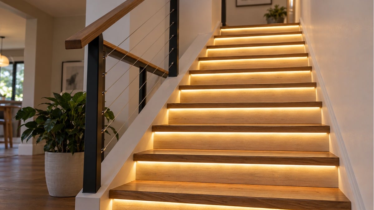 A wooden staircase with warm linear LED lighting beneath each tread.