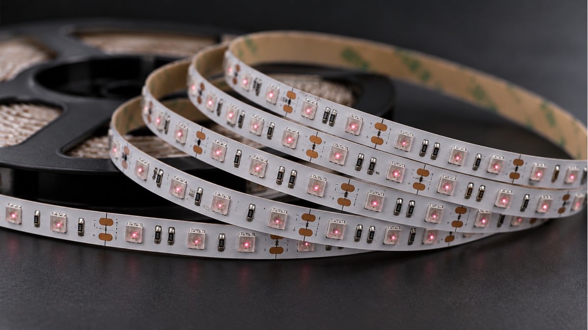 Infrared LED tape with clear LED packages showing a faint pink glow at the dies.