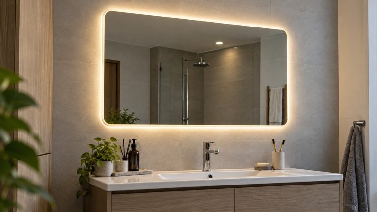 Bathroom vanity mirror with continuous warm backlighting reflected against a shower enclosure.