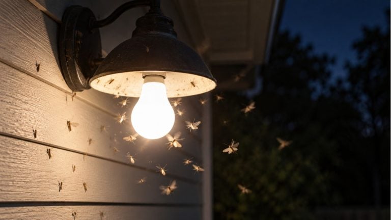 Insects around a lit outdoor porch fixture at dusk.