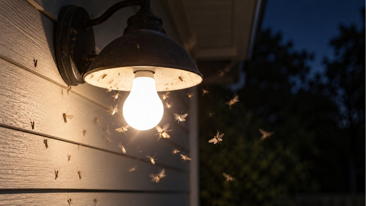 Insects around a lit outdoor porch fixture at dusk.
