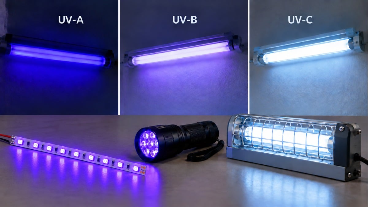 UV-A, UV-B and UV-C lamps shown with a flat violet UV-A LED strip, a UV flashlight and a caged lamp.