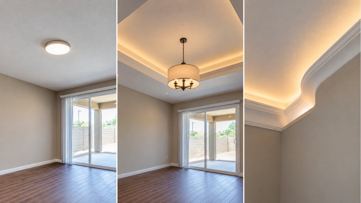 Three ceiling lighting examples showing a flat ceiling, a recessed tray and a curved cove.