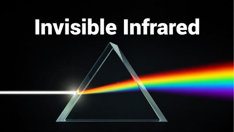 Glass prism splitting a white beam into a visible spectrum beneath the words Invisible Infrared.
