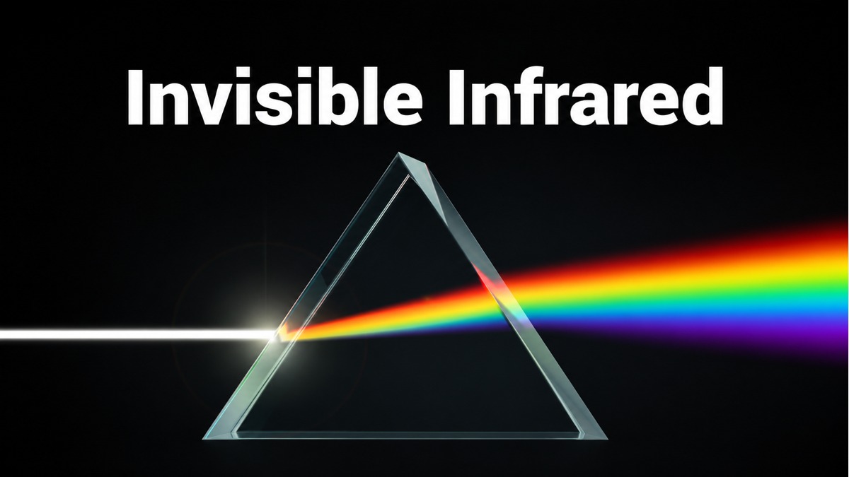 Glass prism splitting a white beam into a visible spectrum beneath the words Invisible Infrared.