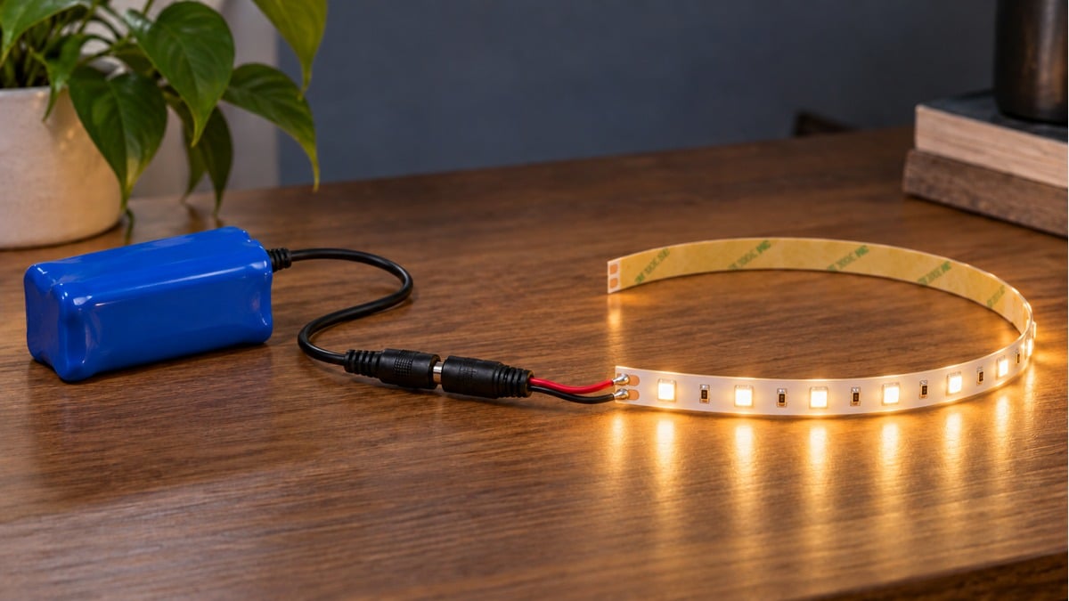Blue-wrapped battery pack powering a warm-white LED strip through a black cable, mating DC connectors and a two-wire input lead.