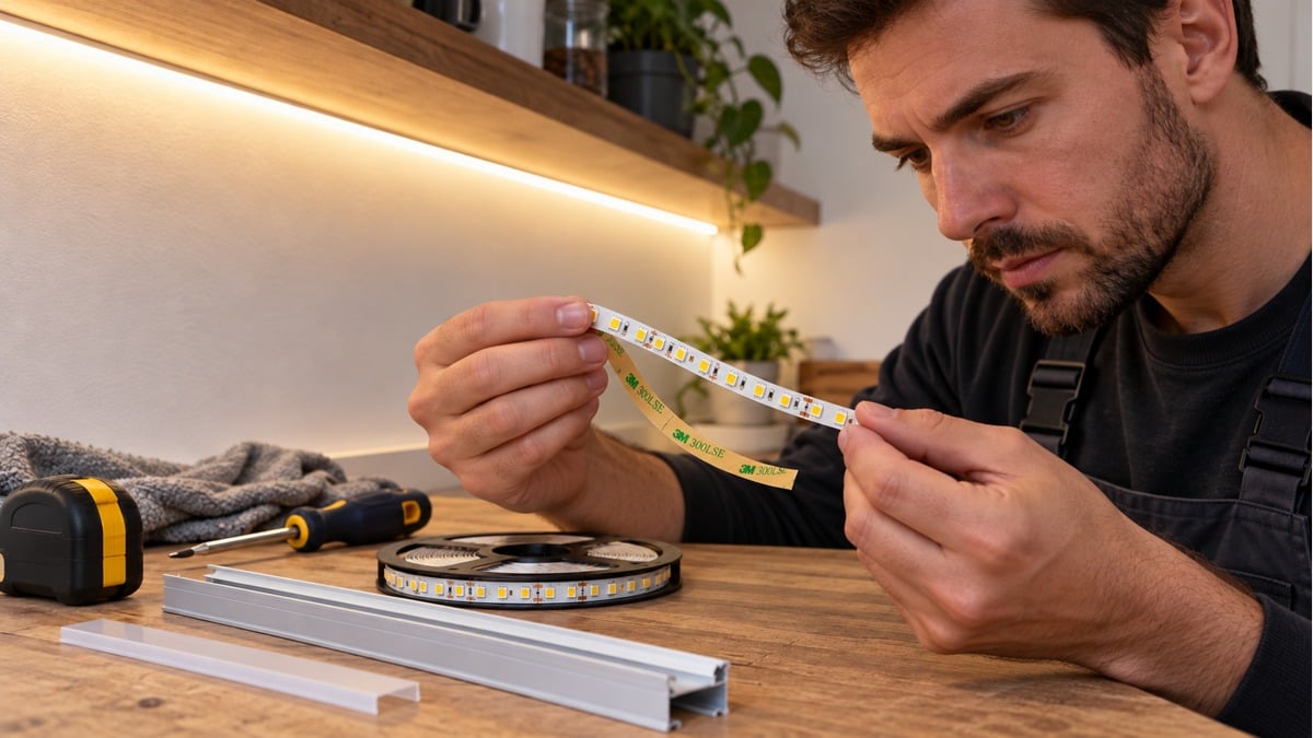 Technician inspecting a separate short LED tape segment with yellow release liner beside an unconnected reel.