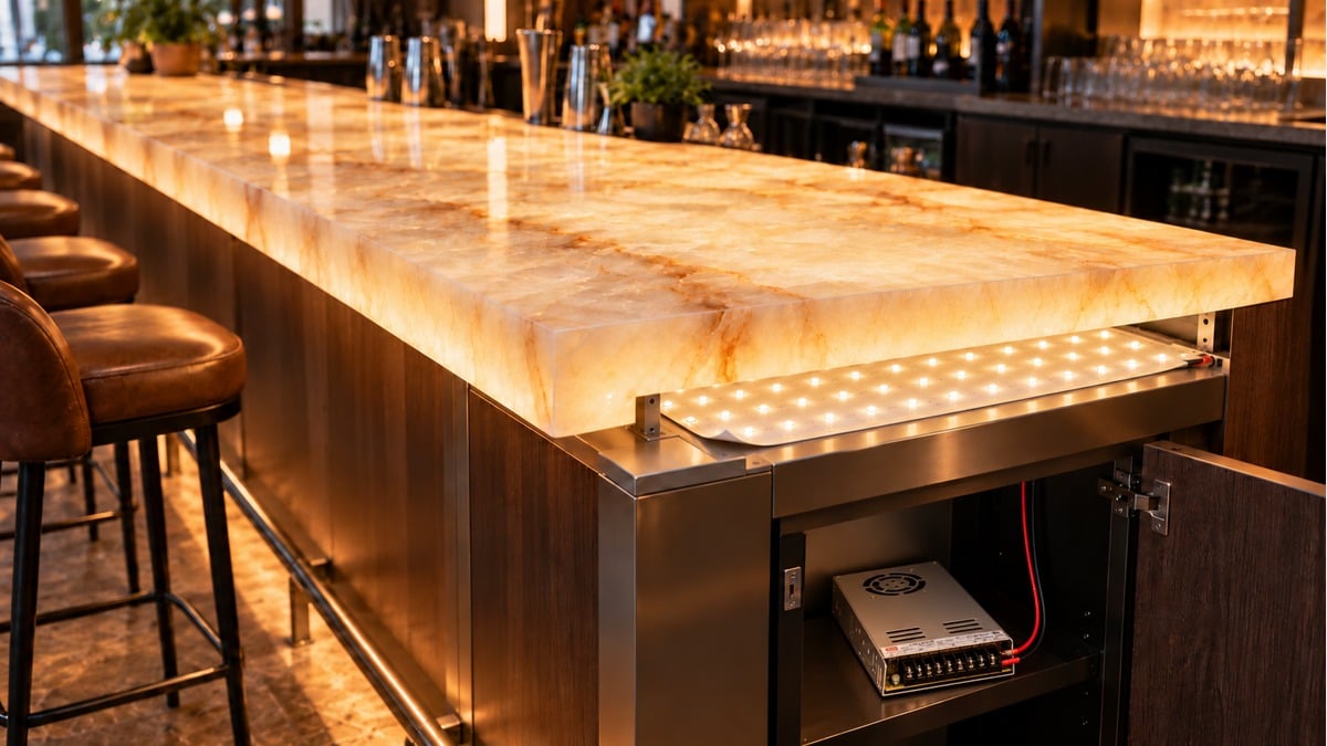 Backlit translucent-stone bar counter with an exposed LED sheet and a low-profile power supply inside the service cabinet.