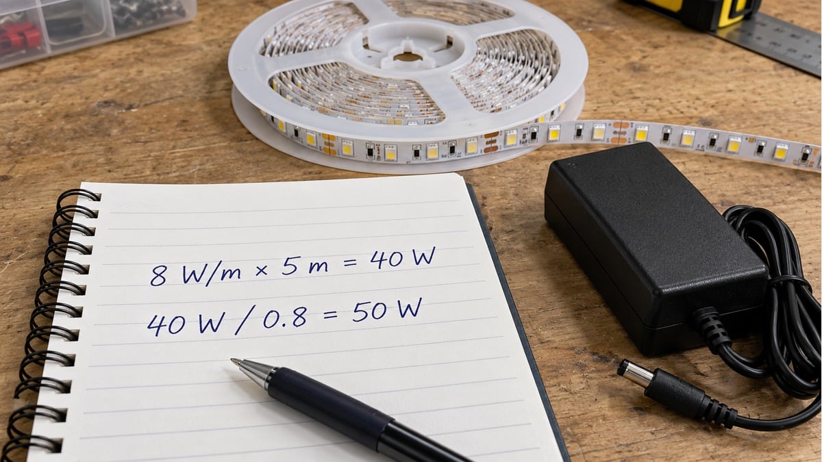 Notebook showing LED strip power and supply-headroom calculations beside white LED tape and a DC adapter.