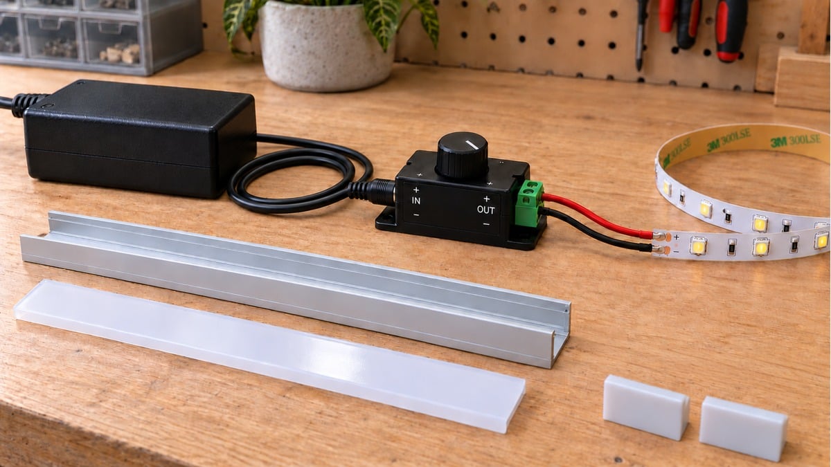 LED strip kit with a DC power adapter, barrel-connected dimmer, open aluminum channel, diffuser and loose mounting accessories.