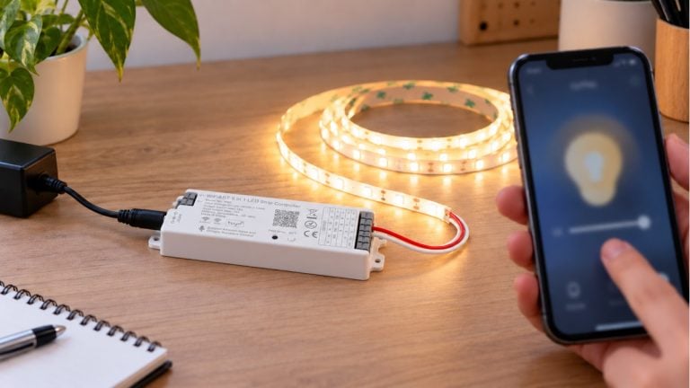 Smartphone controlling a warm-white LED strip through a labeled WB5 controller with a DC barrel input and two output wires.