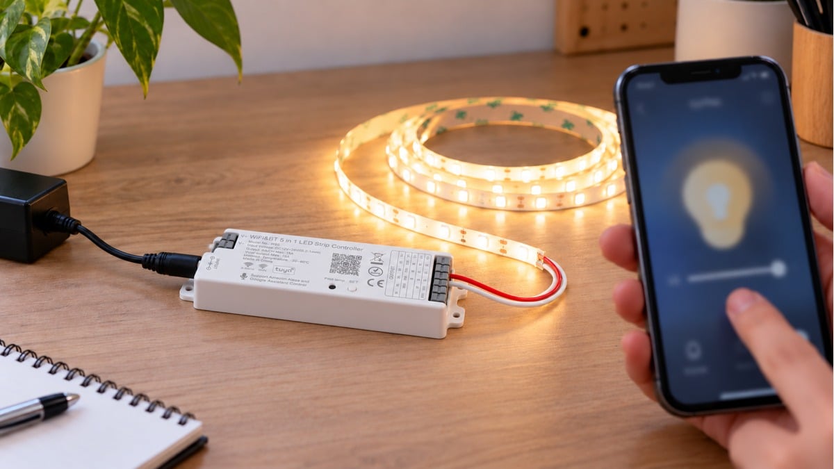 Smartphone controlling a warm-white LED strip through a labeled WB5 controller with a DC barrel input and two output wires.