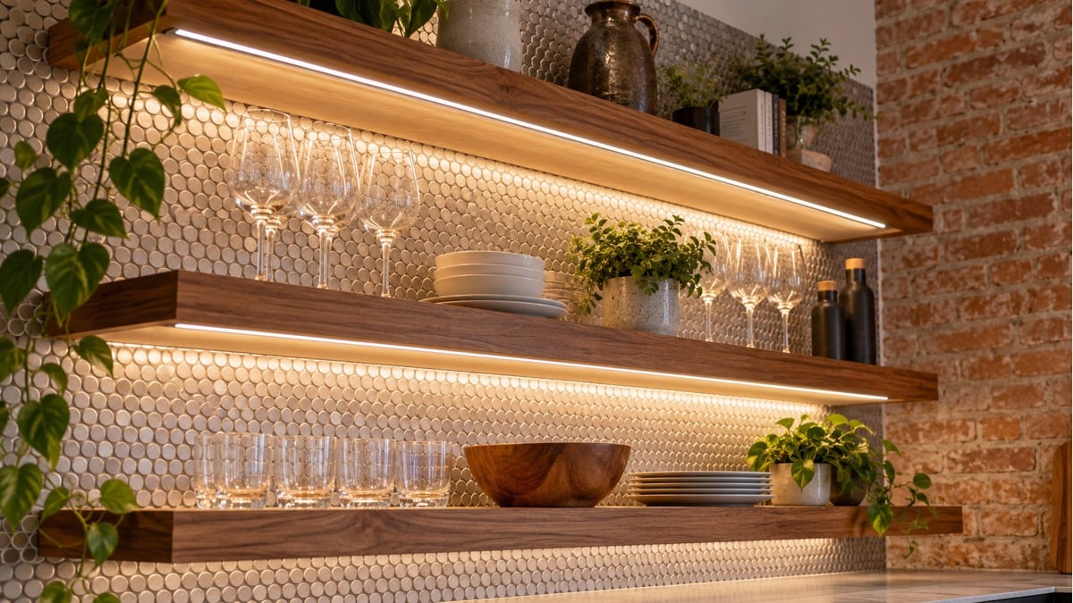 Warm linear LED lights beneath wooden display shelves illuminating glassware and ceramics.
