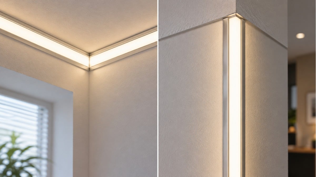 Side-by-side inside and outside corners of continuous diffused linear LED lighting.