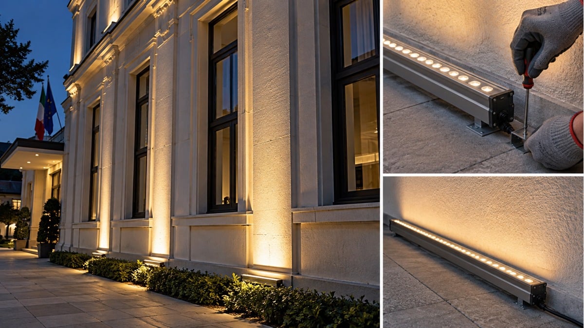 Linear wall-washer fixtures shown mounted along a facade with a close-up fixing detail.