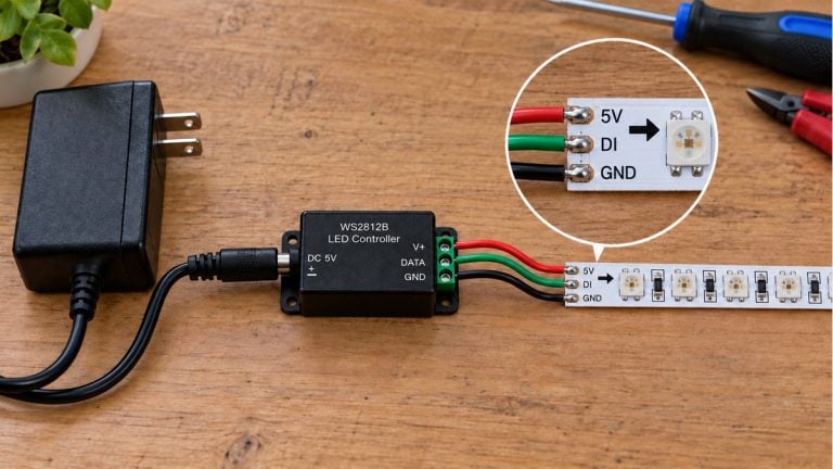 Five-volt power adapter, SPI controller and three-wire addressable LED tape with an enlarged input connection detail.