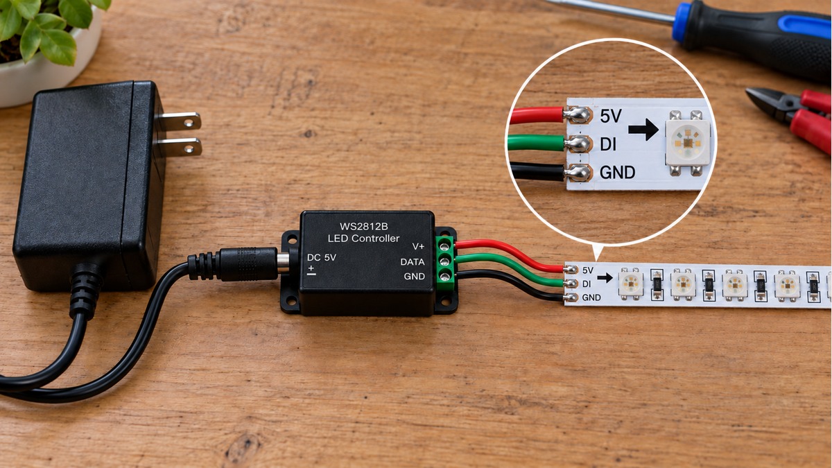 Five-volt power adapter, SPI controller and three-wire addressable LED tape with an enlarged input connection detail.