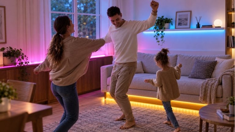 A family dancing in a living room decorated with concealed colored LED lighting.