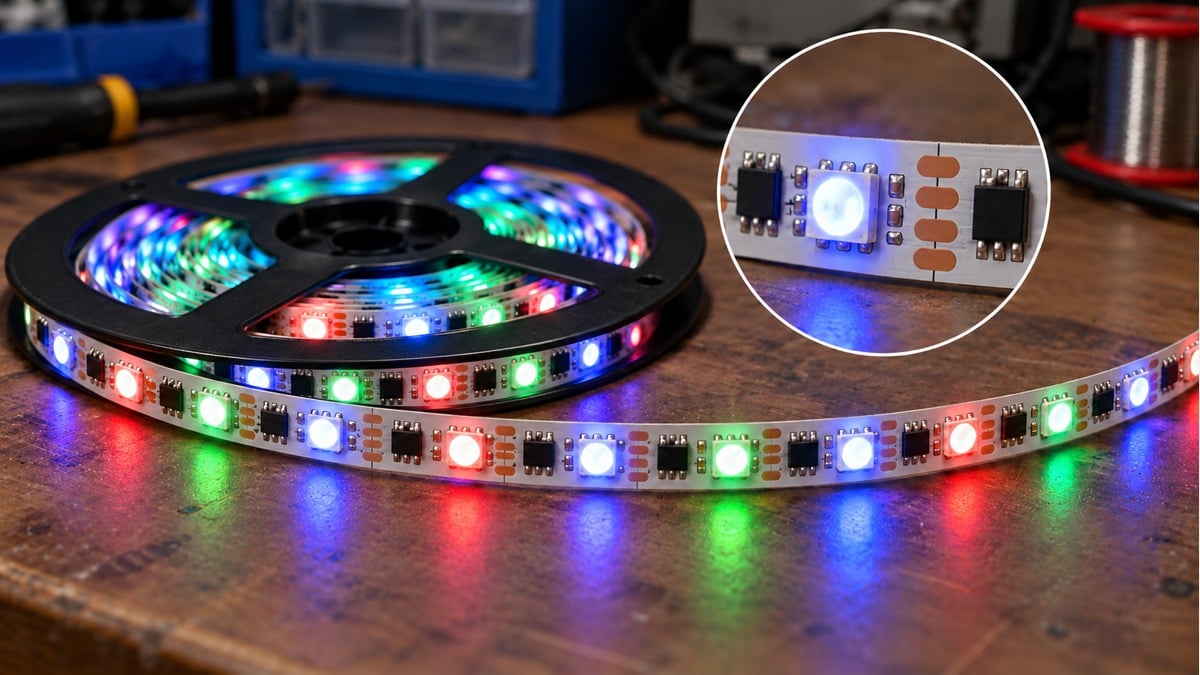 Addressable RGB LED strip unwinding from a reel, with a close-up of six-pin external driver chips.
