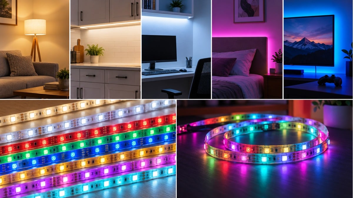 White and colored LED tape examples shown beside several home-lighting applications.