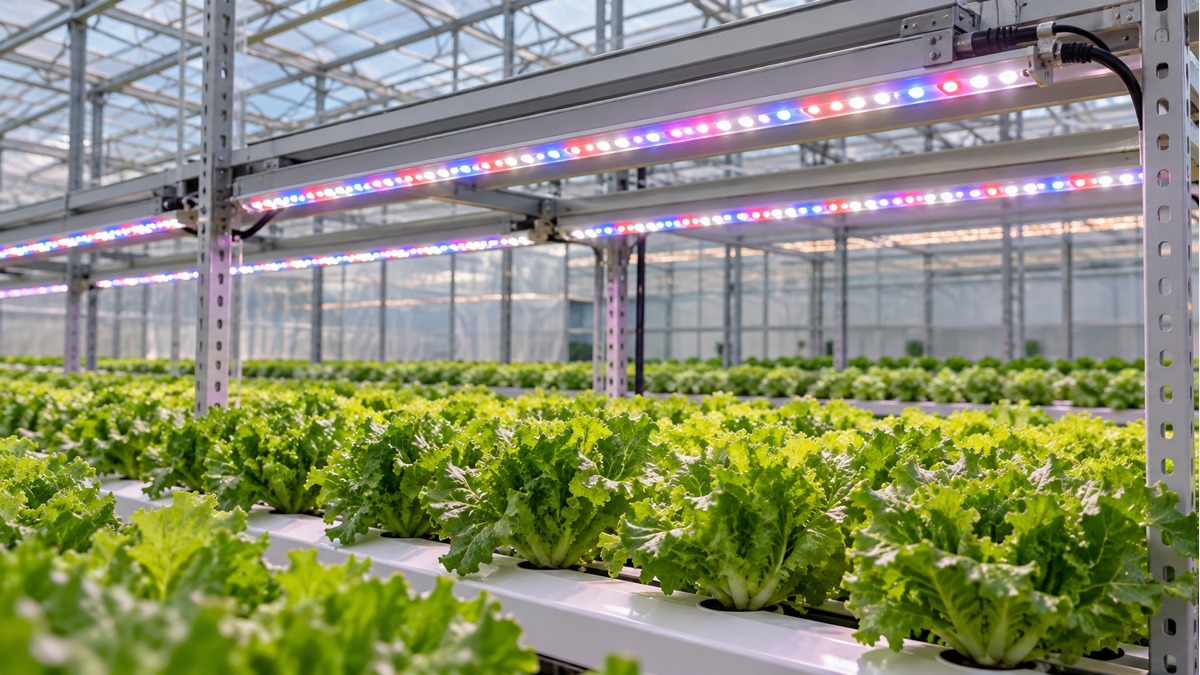 Linear LED grow fixtures mounted above rows of lettuce inside a greenhouse.