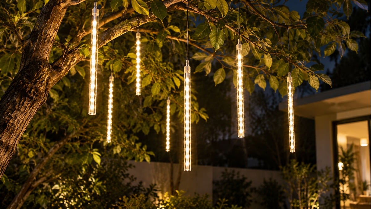 Warm meteor-shower light tubes hanging vertically from tree branches in an outdoor garden.