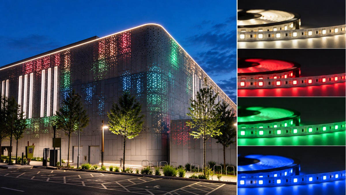 Building facade lighting with separate close-up views of white, red, green and blue LED tape.
